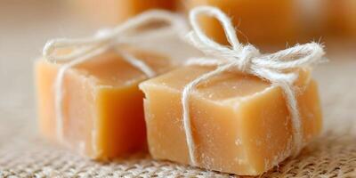 Two Cubes of Butterscotch Candy Tied with Twine on Burlap photo