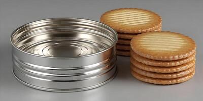 Empty Metal Tin Can with Stack of Round Crackers Biscuits Cookies photo
