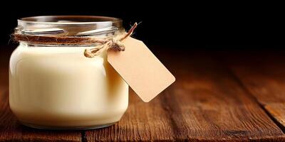 Glass Jar of Creamy Yogurt with Blank Kraft Paper Tag on Rustic Wooden Table photo