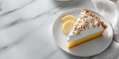 Lemon Meringue Pie Slice on Marble Background Sweet Dessert Pastry Food Photography photo