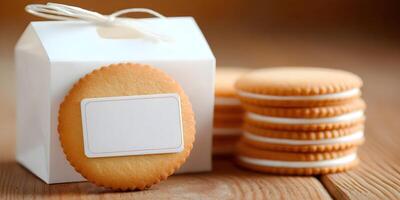 Round Cookies with Blank Label in White Box on Wooden Table photo