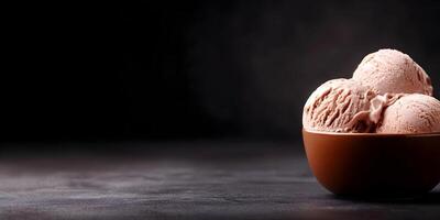 Three Scoops Chocolate Ice Cream Brown Bowl Dark Background photo