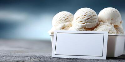 Vanilla Ice Cream Scoops in Carton with Blank Card Mockup photo