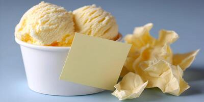 Vanilla Ice Cream Cup Blank Note Paper Crumpled Paper Background photo