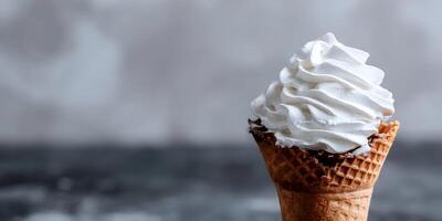 Closeup of Whipped Cream in Waffle Cone Chocolate Ice Cream Dessert Food Photography photo