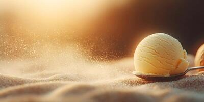 Vanilla Ice Cream Scoop on Spoon Summer Dessert Golden Sand Background photo