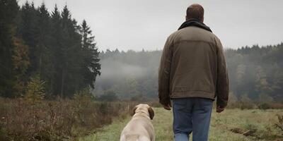 Man Walking with Yellow Labrador Dog in Foggy Forest Autumn Scenery photo