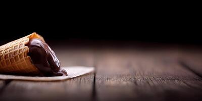 Melting Chocolate Ice Cream Cone on Wooden Table Dark Background photo