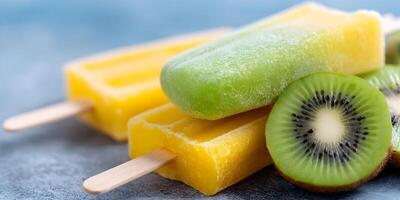 Refreshing Yellow and Green Popsicles with Kiwi Fruit Slices photo