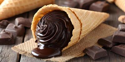 Delicious Melted Chocolate Ice Cream Cone with Chocolate Pieces on Wooden Table photo