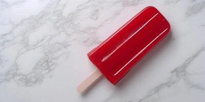 Red Popsicle on Marble Background Summer Dessert Ice Lolly Frozen Treat Strawberry Ice Cream Cool Refreshing Sweet Food Photography photo