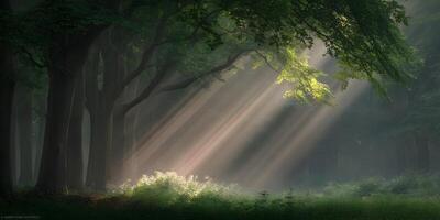 Sunbeams through Misty Forest Trees Green Leaves Sunlight Nature photo