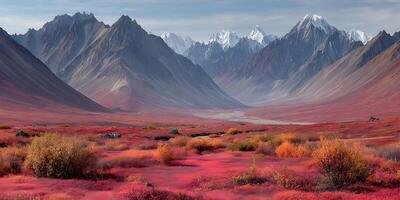 Alaska Range Mountains Autumn Landscape Red Tundra photo