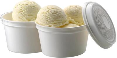 Vanilla Ice Cream Scoops in White Plastic Cups with Lid photo
