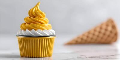 Yellow Ice Cream in Yellow Cup with White Swirls and Blurred Waffle Cone Background photo
