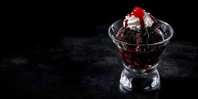 Chocolate Ice Cream Sundae with Whipped Cream and Cherry photo