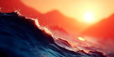 Ocean Wave Sunset Dramatic Red Sky Water Splashing photo