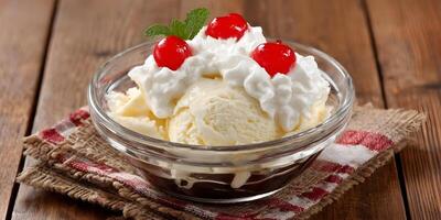 Vanilla Ice Cream Sundae with Whipped Cream Cherries and Chocolate Sauce photo