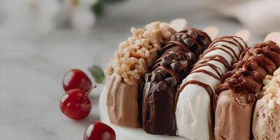 Assorted Chocolate Dipped Ice Cream Bars with Nuts and Cherries photo