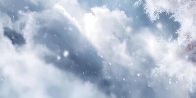 Snowy Winter Scene with Frosty Pine Branches and Falling Snowflakes Winter Wonderland Background photo
