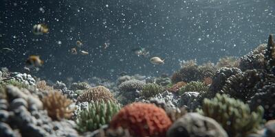 Underwater Coral Reef Scene with Fish Colorful Corals and Bubbles photo