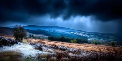 Frosty Path Through Moorland Under Dark Clouds Scenic Landscape photo
