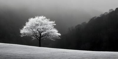 Single Frosty Tree in Black and White Landscape Photo