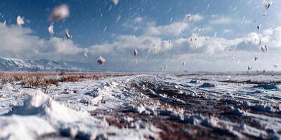 Snowy Landscape with Flying Snow and Dry Grass Winter Scene photo