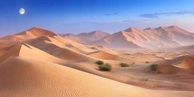 Stunning Desert Landscape with Full Moon Sand Dunes and Shrubs photo