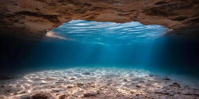 Underwater Scene Sunbeams Stone Bottom Ocean Cave photo