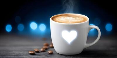 Latte Art Coffee Cup with Heart Design and Blue Bokeh Lights photo