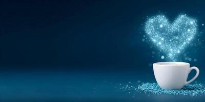 Sparkling Heart Shaped Light Emerging from Coffee Cup Teal Background photo