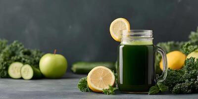 Green Detox Juice Mason Jar with Kale Lemon Cucumber Apple photo