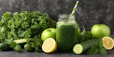 Green Smoothie Ingredients Mason Jar Apples Lemons Cucumber Kale photo
