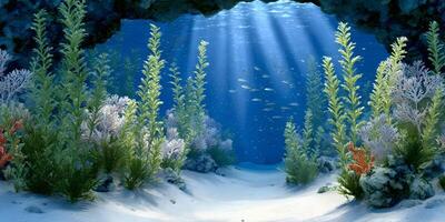 Underwater Scene Sunbeams Ocean Floor Seabed Sand Plants Fish photo