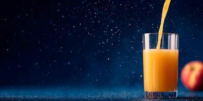 Orange Juice Pouring into Glass Dark Background Splashing Droplets Fresh Fruit Drink photo