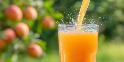 Fresh Apple Juice Pouring into Glass Outdoors Apples Background photo
