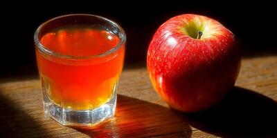 Red Apple Juice in Small Glass on Wooden Table photo