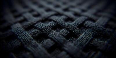 Closeup Dark Fabric Texture Intertwined Threads Detailed Woven Pattern Black Textile Background photo