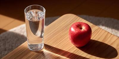 Glass of Water and Red Apple on Wooden Table in Sunlight photo