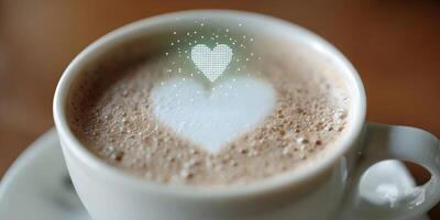 Latte Coffee Cup with Digital Heart Design Foam Art photo