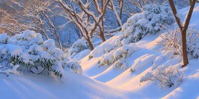 Snow Covered Landscape Winter Scene Trees and Bushes in Snow Golden Hour Light photo
