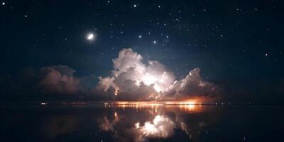 Night Sky Dramatic Cloudscape Ocean Reflection Stars Moon Lightning Storm photo