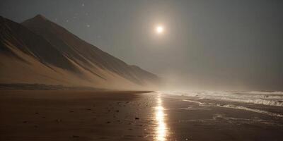 Desert Beach Night Scene Moonlit Landscape Sandy Shore Mountain Range Stars Night Sky Calm Ocean Waves photo