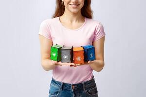 Concept Image For Waste Sorting With Young Woman Holding Different Colorful Toy Garbage Containers For Different Kind Of Trash, Standing Over Gray Background In Studio, Cropped Image, Closeup photo