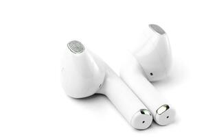 Sleek white wireless earbuds with ergonomic design and superior sound. Lightweight and compact, ideal for music, calls, gaming, and workouts with noise isolation technology. photo
