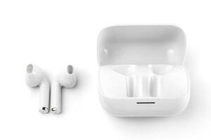 Modern white wireless earbuds with a matching charging case. Ergonomic fit, lightweight, and perfect for music, calls, gaming, and workouts with high-quality sound and noise isolation photo