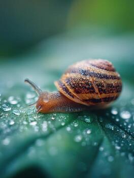 A Miniature Snail Makes Its Way Across A Wet Leaf photo