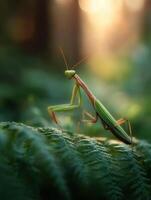 A Mute Hunter A Praying Mantis on a Fern Leaf photo