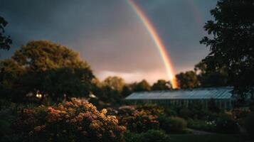 A Lush Flower Garden Graced By A Double Rainbow photo